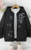 Star Baskılı Oversize Fermuarlı Siyah Unisex Kapüşonlu Hırka