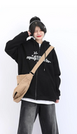 Stars Baskılı Baskılı Oversize Fermuarlı Siyah Unisex Kapüşonlu Hırka