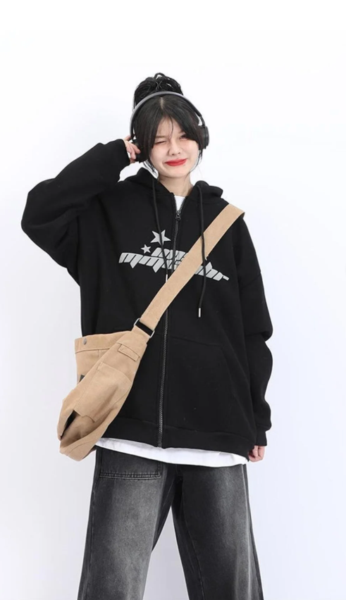 Stars Baskılı Baskılı Oversize Fermuarlı Siyah Unisex Kapüşonlu Hırka