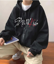 Stray Kids Baskılı Oversize Fermuarlı Siyah Unisex Kapüşonlu Hırka