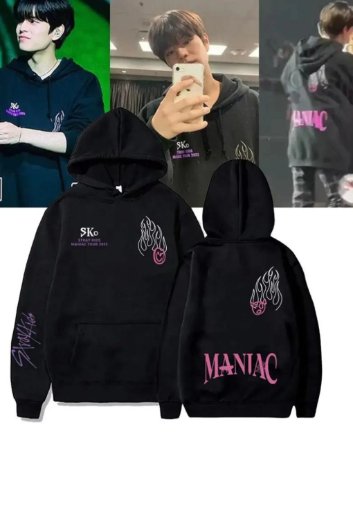 Stray Kids Maniac Ön-Arka ve Kol Baskılı Siyah Unisex Oversize Kapüşonlu Sweatshirt