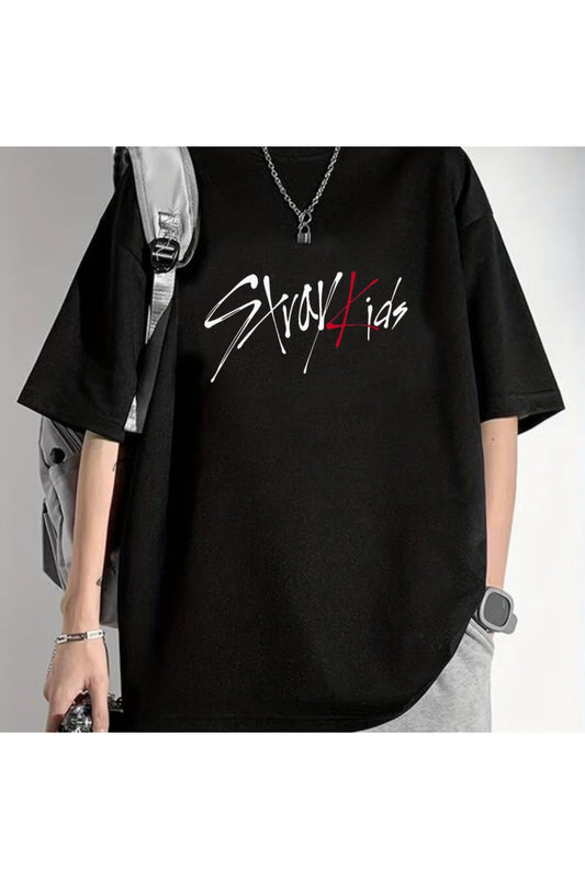 StrayKids Detail Baskılı Siyah T-shirt
