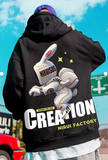 Street Wear Alien Rabbit Baskılı Oversize Unisex Siyah Kapşonlu Hoodie Sweatshirt