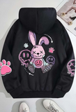 Street Wear Cartoon Rabbit Baskılı Oversize Unisex Siyah Kapşonlu Hoodie Sweatshirt