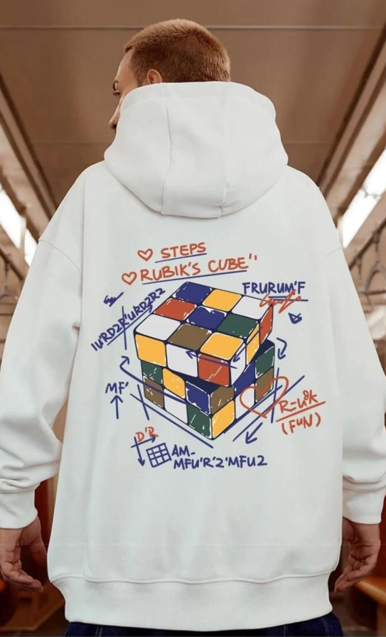Street Wear Rubik Küp Baskılı Oversize Unisex Ecru Kapşonlu Hoodie Sweatshirt