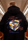 Street Wear Rubik Küp Baskılı Oversize Unisex Siyah Kapşonlu Hoodie Sweatshirt