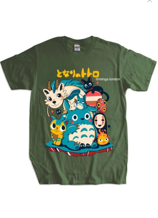 Studio Ghibli Totoro Anime Haki Rengi Ön Baskılı Oversize T-shirt