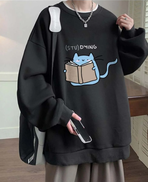 Studying Baskılı Siyah Unisex Oversize Bisiklet Yaka Sweatshirt