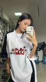 Unisex Tennis Play Ball Unisex Reglan Y2K Baskılı Baskılı Baskılı Bisiklet Yaka Oversize T-Shirt