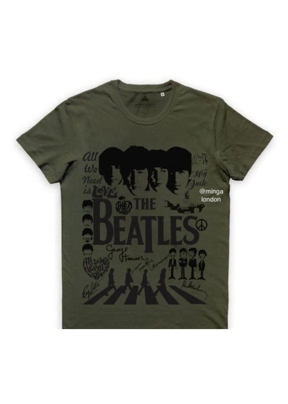 The Beatles Music Grup Haki Rengi Ön Baskılı Oversize T-shirt