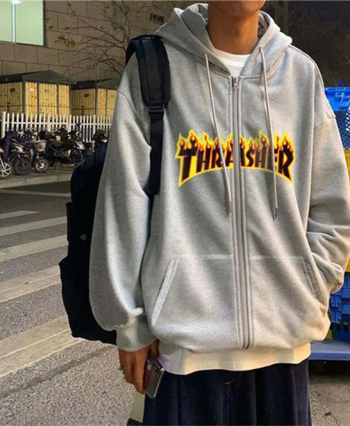 Thrasher Baskılı Oversize Fermuarlı Gri Unisex Kapüşonlu Hırka