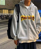 Thrasher Baskılı Oversize Fermuarlı Gri Unisex Kapüşonlu Hırka