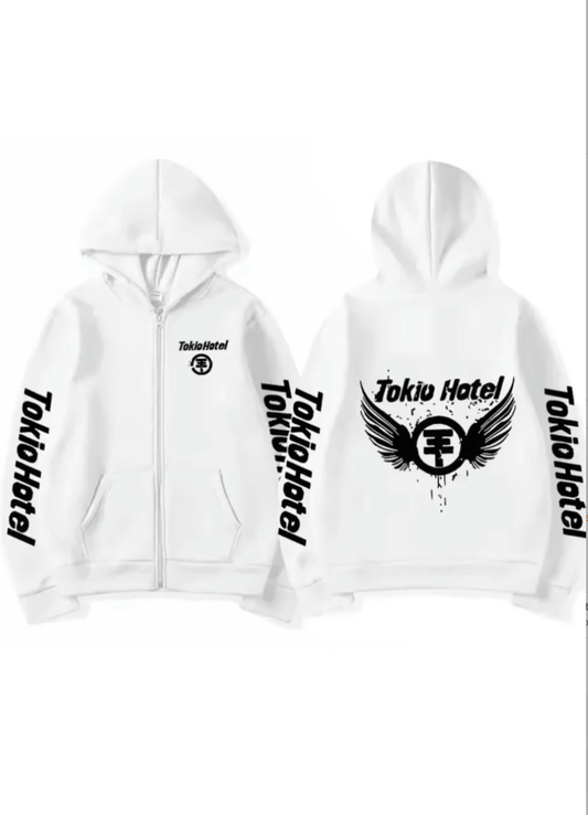 Tokio Hotel Fermuarlı Kapüşonlu Beyaz Hırka