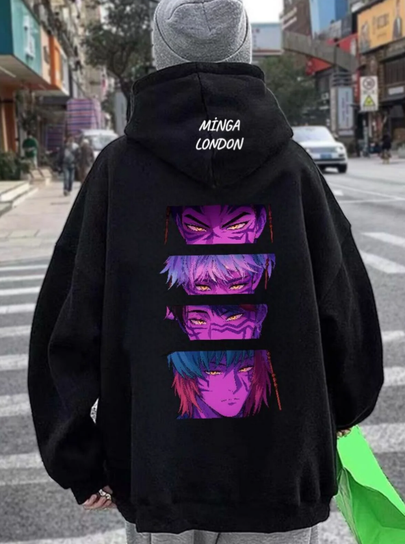 Unisex Demon Hunter Stil Renkli Arka Baskı Siyah Oversize Sweatshirt