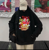 Unisex Siyah Çizgi Film Baskılı Oversize Sweatshirt