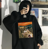Unisex Siyah Kedi Tablo Baskılı Oversize Sweatshirt