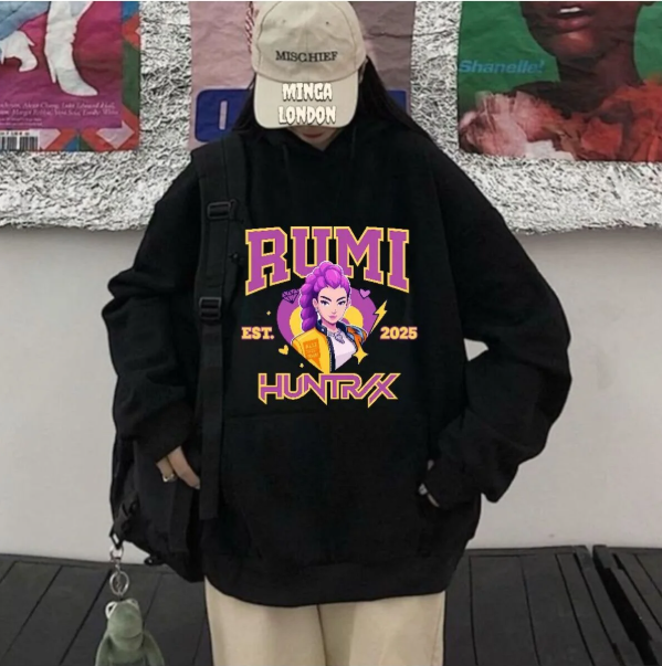 Unisex Stil Huntrx Rumi Renkli Baskılı Siyah Oversize Sweatshirt