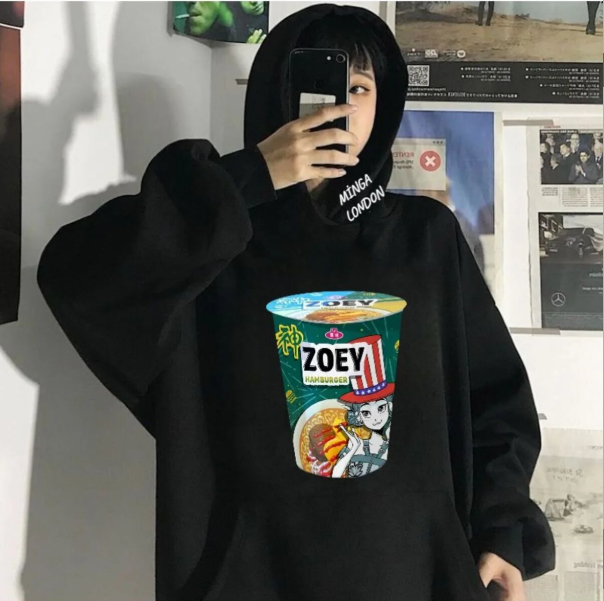 Unisex Stil Huntrx Zoey Ramen Renkli Baskılı Siyah Oversize Sweatshirt