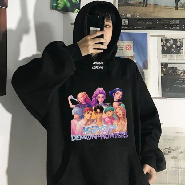 unnisex Kpop Demon Hunters Stil Renkli Baskılı Siyah Oversize Sweatshirt