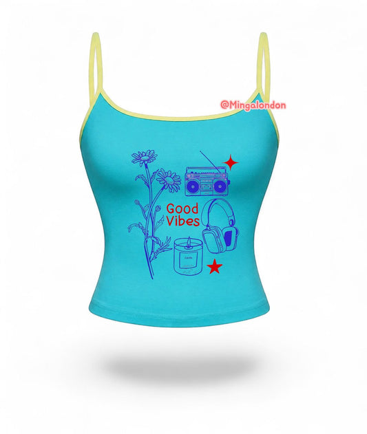 Mavi Good Vibes Baskı Askılı Crop