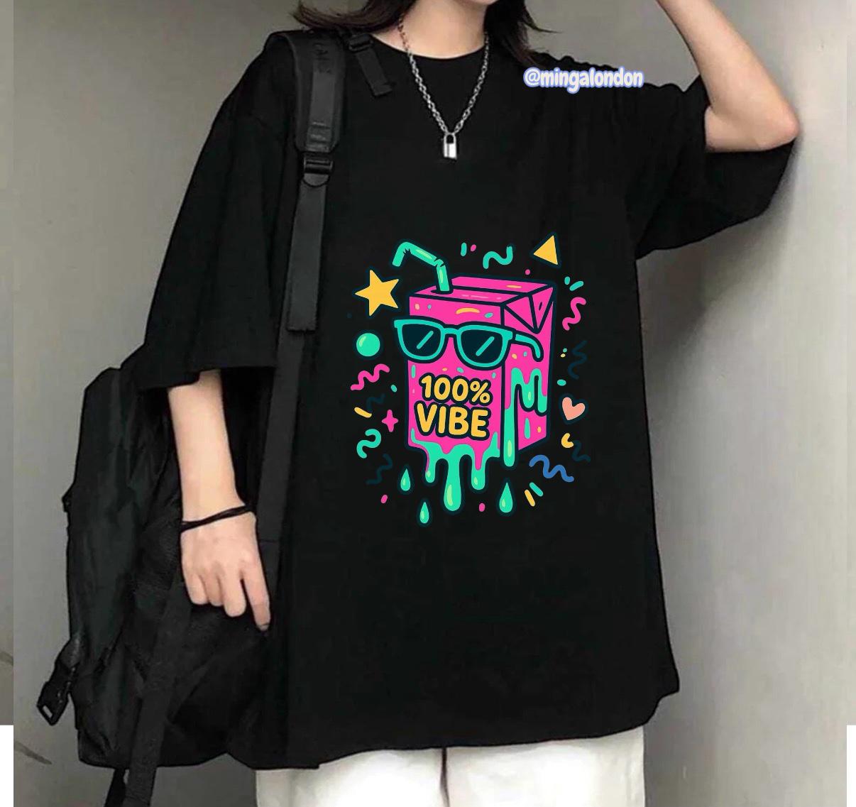 100% Vıbe Baskılı Siyah T-Shirt