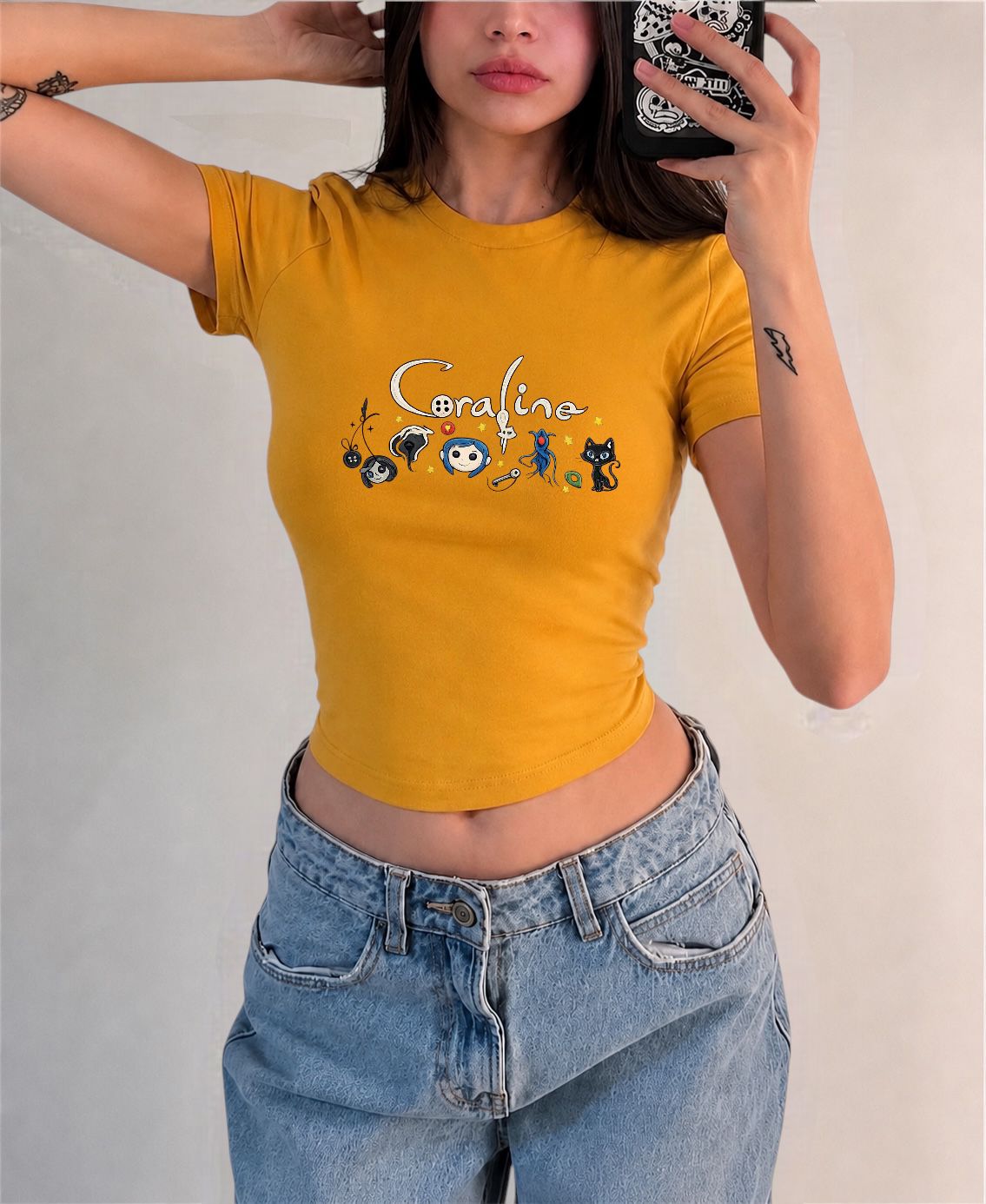 Coraline Baskılı Kemer Boy Y2K Kısa Kollu Crop