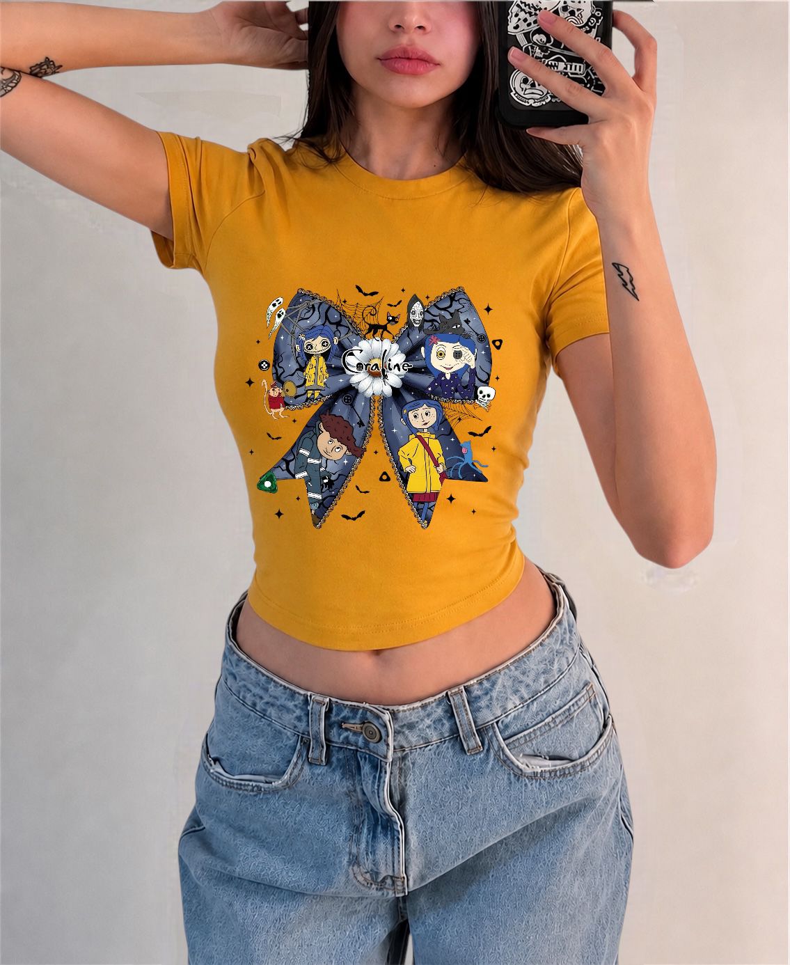 Caroline Fiyonk Baskılı Kemer Boy Y2K Kısa Kollu Crop