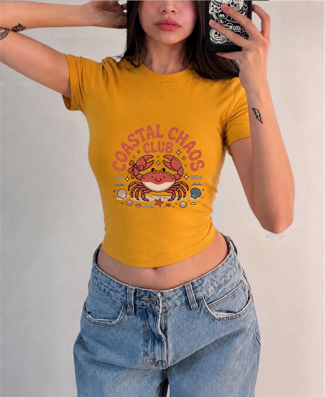 Coastral Chaos Club Yengeç Baskılı Kemer Boy Y2K Kısa Kollu Crop