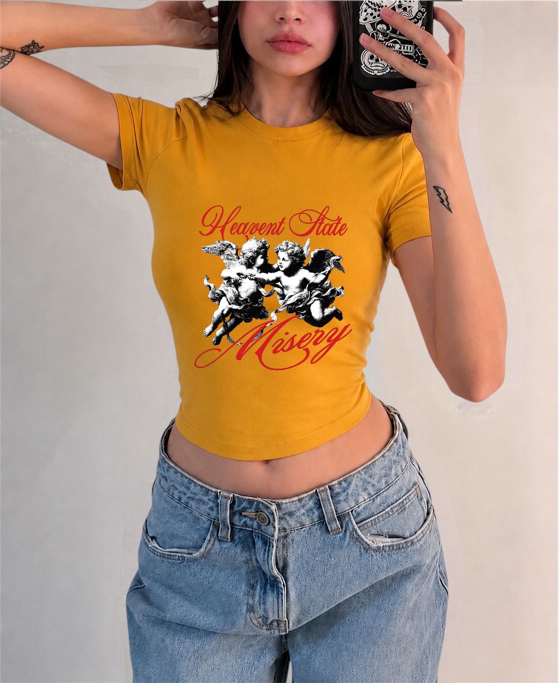 Heavent State Misery Baskılı Kemer Boy Y2K Kısa Kollu Crop