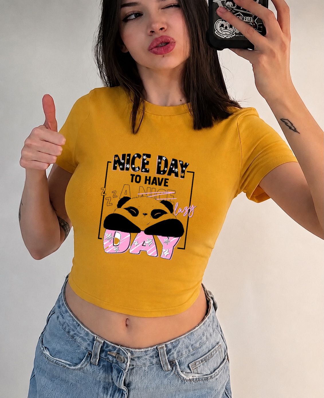 Nıce Day To Have A Nıce Day Panda Baskılı Kemer Boy Y2K Kısa Kollu Crop
