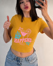 Sıp Happens Baskılı Kemer Boy Y2K Kısa Kollu Crop