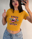 Speed Queen Baskılı Kemer Boy Y2K Kısa Kollu Crop