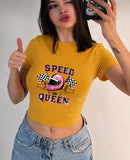 Speed Queen Baskılı Kemer Boy Y2K Kısa Kollu Crop