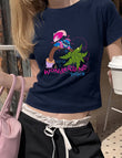 Wonderland Stıtch Baskılı Lacivert Kemer Boy Y2K Kısa Kollu Crop