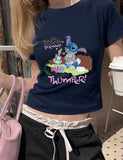 Stıtch And Scrump Thumper Baskılı Lacivert Kemer Boy Y2K Kısa Kollu Crop