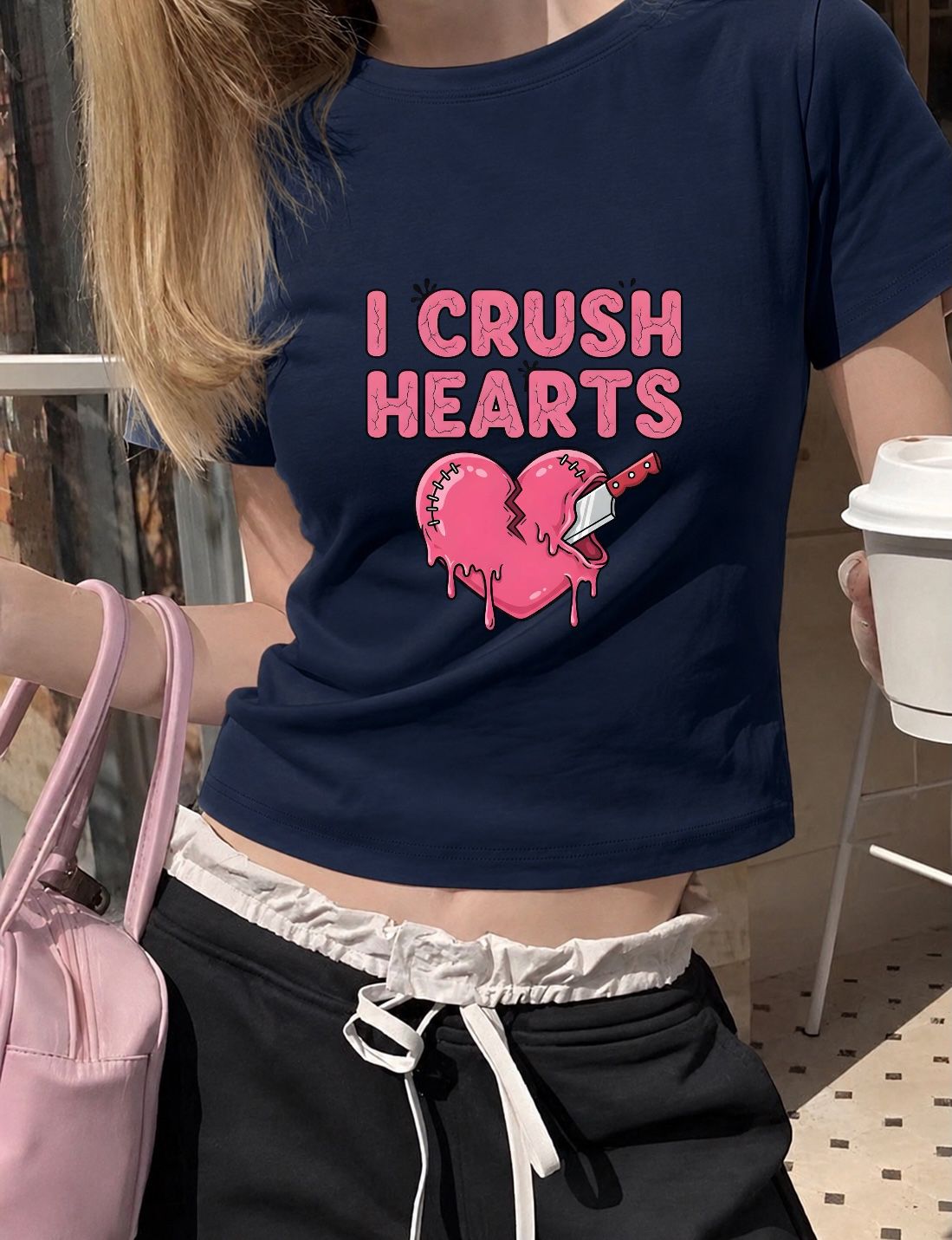 I Crush Hearts Baskılı Lacivert Kemer Boy Y2K Kısa Kollu Crop