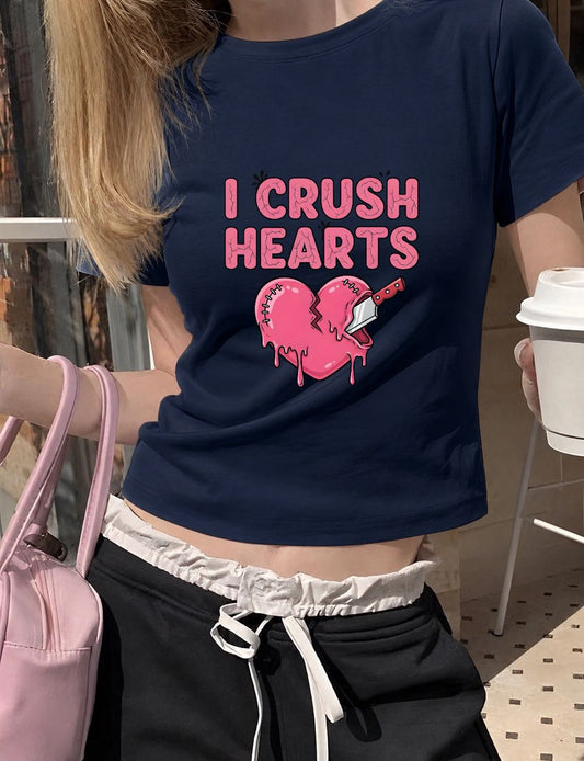 I Crush Hearts Baskılı Lacivert Kemer Boy Y2K Kısa Kollu Crop