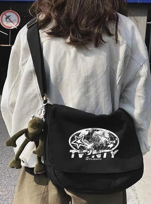 Siyah Twnty Studıo Baskılı Postacı Çanta