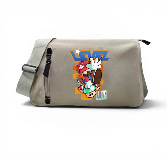 Bej Level Up Mario Baskılı Postacı Çanta