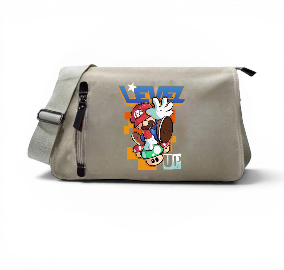 Bej Level Up Mario Baskılı Postacı Çanta