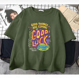 Good Things Are Coming Good Luck Baskılı Haki T-Shirt