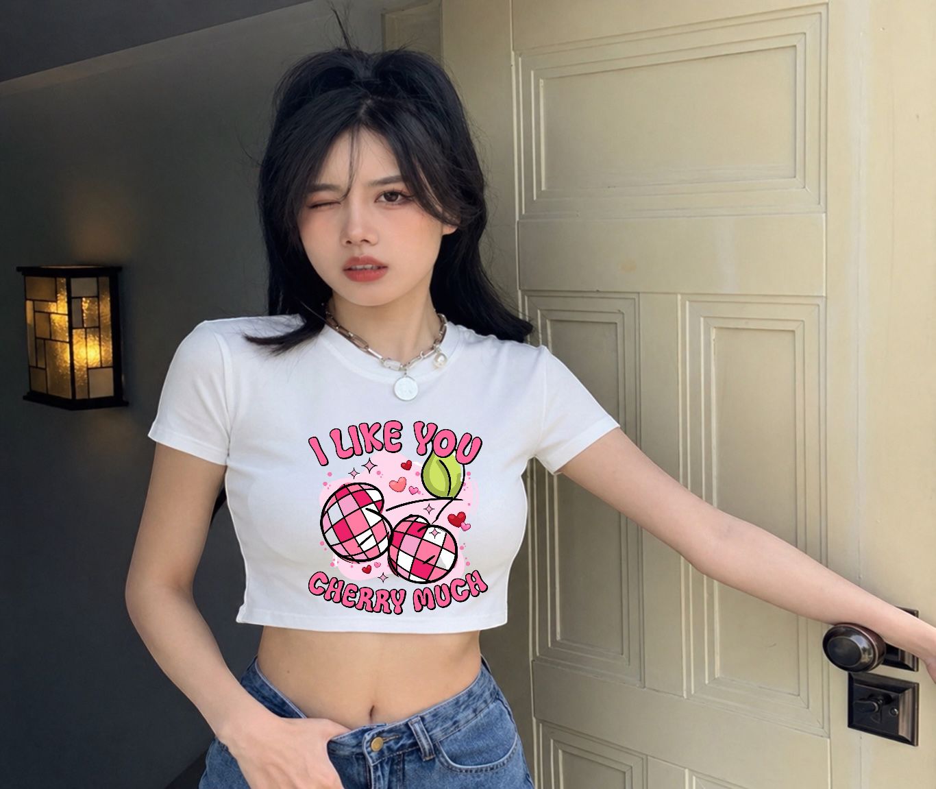 I Lıke You Cherry Much Baskılı Beyaz Kemer Boy Y2K Kısa Kollu Crop