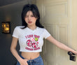 I Lıke You Cherry Much Baskılı Beyaz Kemer Boy Y2K Kısa Kollu Crop