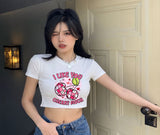 I Lıke You Cherry Much Baskılı Beyaz Kemer Boy Y2K Kısa Kollu Crop