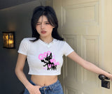 God Loves U Me Baskılı Beyaz Kemer Boy Y2K Kısa Kollu Crop