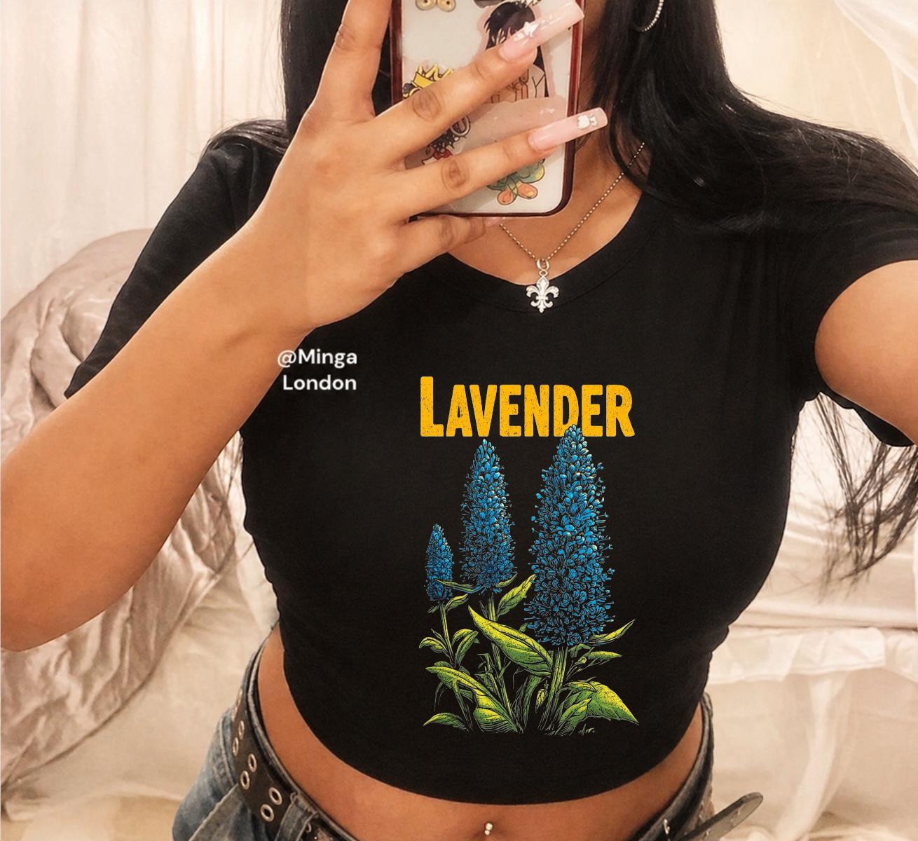 Lavender Baskılı Siyah Kemer Boy Y2K Kısa Kollu Crop