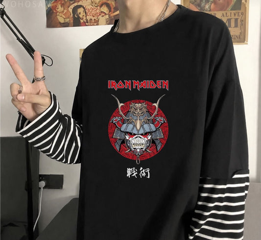 Fake Kollu Iron Maiden Senjutsu Samuray Baskılı Oversize T-Shirt