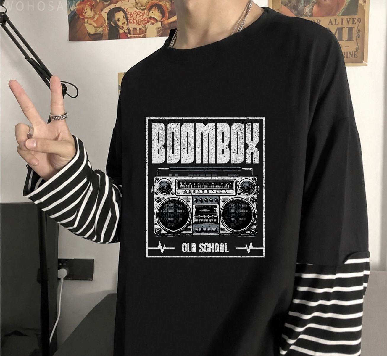 Fake Kollu Boom Box Kaset Baskılı Oversize T-Shirt