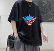 Amerikan Bayrağı Kanatlı Kurukafa Baskılı Siyah T-Shirt