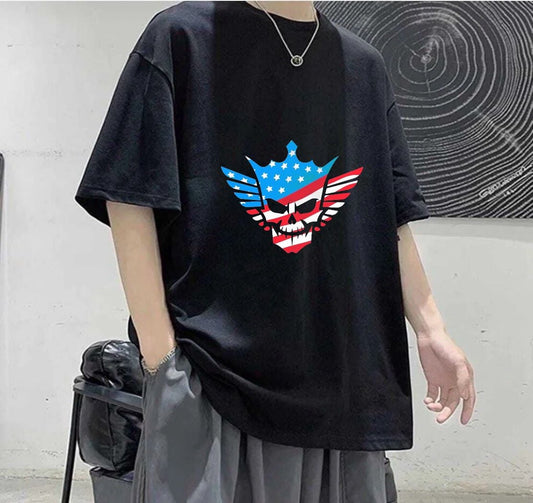 Amerikan Bayrağı Kanatlı Kurukafa Baskılı Siyah T-Shirt